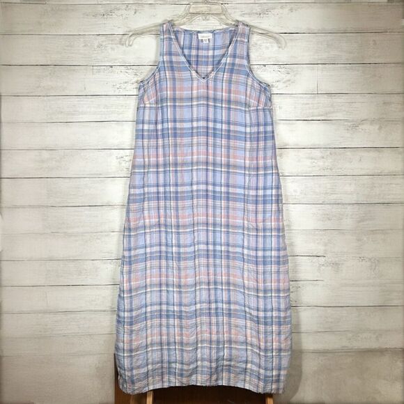 J.Jill Love Linen Plaid A-line Maxi Dress Rain Drop Blue Pink W/Pockets XS Pet - Picture 7 of 11